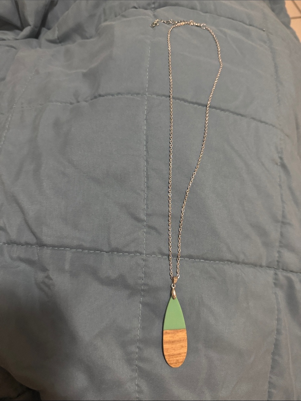 Green and Wood Teardrop Pendant Necklace - Women Jewelry